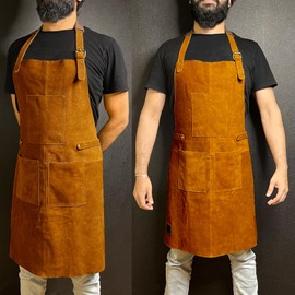 RUSTIC TOWN Leather Grill Work Apron with Tool Pockets ~ Adjustable up to XXL for Men & Women ~ Shop Apron Leather Tool Apron (Tan)