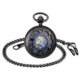 MICGIGI - Unisex Pocket Watch with Chain Analogue Hand Winding Numerals Retro Hollow Mechanical Pocket Watches, Vintage