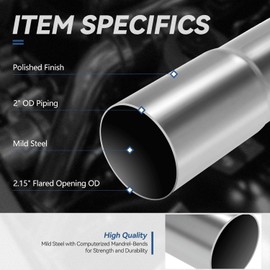 Auto Dynasty Bend Pipe 90 Degree, DIY Custom Mandrel Mild Steel Exhaust Tubing Pipe for Vehicle Automotive Parts, 2"/2.15" OD, Slip-Fit, 18-Gauge Wall Thickness, Natural