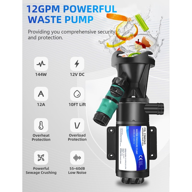 BELZAR RV Macerator Pump 12V 12 GPM Lift 10FT Suction