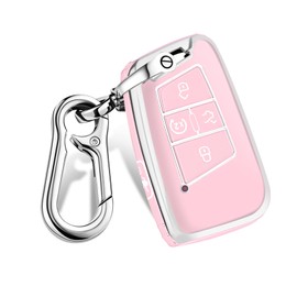 QBUC for Volkswagen Key Fob Cover, TPU Protection Key Case 5 Buttons Compatible with VW Tiguan Atlas Jetta Passat Golf Alltrack Arteon Accessories Smart Key (Pink)