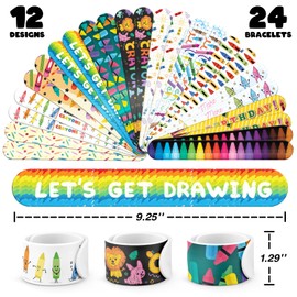 96 PCS Crayon Party Favors Set – 72 Pre-Cut Temporary Tattoos & 24 Slap Bracelets for Kids, Perfect for Art Birthday Parties, Classroom Rewards & Creative School Events