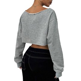 Remidoo Women's Off the Shoulder Cropped Sweatshirt Asymmetrical Neck Long Sleeve Crop Tops Gray Small