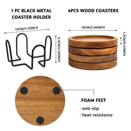 Acacia Wood Coasters Set of 4 with Holder – Natural Wooden Drink Coasters with Foam Feet, Anti-Slip & Heat-Resistant – Elegant Rustic Home Decor & Perfect Housewarming Gift