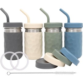 WeeSprout 2-in-1 Drinking Cups for Kids, Durable Stainless Steel Tumbler for Smoothies, Silicone Straws with Stoppers, Premium Plastic Twist Lids, Easy-Grip Sleeves, Set of 4 Dishwasher Safe Kid Cups