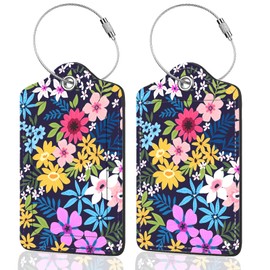 2Pack Luggage Tags for Suitcases, Cute Unique Pu Leather Cruise Luggage Tag with Privacy Cover ID Label Address Card and Metal Ring Suitable for Women Men Kids Travel Bag Colorful Flowers 1