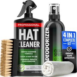 4-in-1 Professional Hat Cleaning Kit - Removes Dirt and Stains, Gentle Cleaner for Baseball Caps, Cowboy, and Felt Hats - Includes Hat Deodorizer, Brush, and Microfiber Cloth