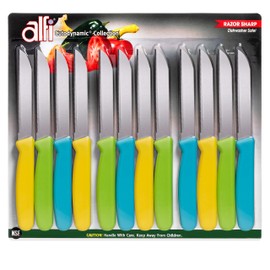 Alfi All-Purpose Knives Aerospace Precision Pointed Tip - Home And Kitchen Supplies - Serrated Steak Knives Set | Made in USA (Ultra Bright Multi-Color, 12 pack)