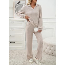 EVALESS Womens Pajama Sets Long Sleeve Sleepwear Matching Pj Pants 2 Piece Lounge Set Soft Comfy 2025 Fall Winter Ribbed Knit Loungewear Home Postpartum Airport Outfits Apricot Petite Small