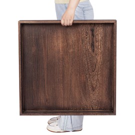 Ottoman Tray for Living Room Wood Serving Tray Large Square 24 Inches Rustic Brown