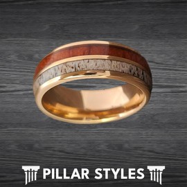 18K Rose Gold Deer Antler and Koa Wood Rings for Men Wedding Band Tungsten Rings with Wooden Inlay 8mm Elk Stag Rustic Anniversary Gifts for Him