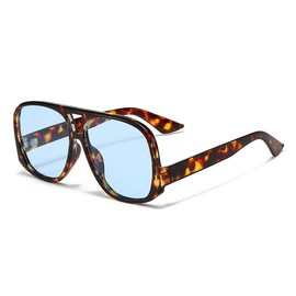 YAMEIZE Retro Square Pilot Sunglasses for Women Men Vintage Oversized Double Bridge 90s Sunglasses UV400 (Leopard Blue)