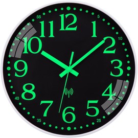 Warminn Atomic Wall Clock with Glow in Dark Silent Non Ticking Battery Operated Sets Automatically Easy to Read Digital Light Modern Design for Living Room Bedroom Kitchen Bathroom