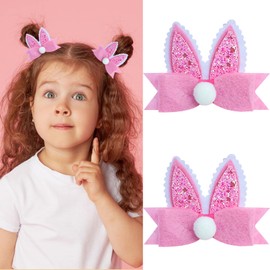 QDTK 2Pcs Easter Hair Clips Glitter Bunny Ear Bow Hair Pins Cute Rabbit Ear Shape Alligator Hair Barrettes Pink Hairgrips for Toddlers Girls Kids Easter Holiday Party Hair Accessories
