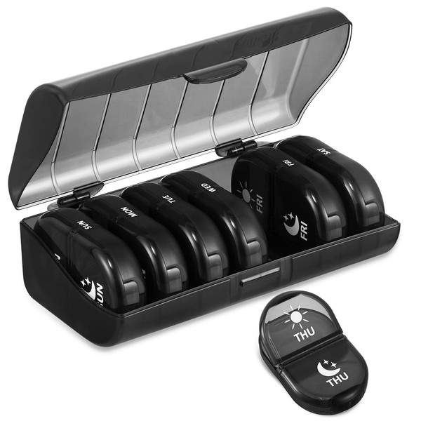 Fullicon Pill Box Organiser 2 Times A Day, Portable 7 Day Pill Boxes, Tablet Organiser with Large Compartments for Medicine, Medication, Vitamin and Fish Oil Supplements (Black)