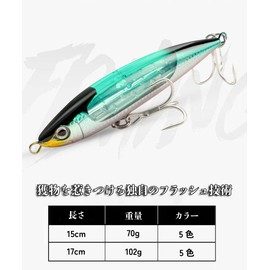 Yamato Shoji Premium Pencil Lure, Sinking, Floating Metal Jig, The Flashing Reflector Inside Invites Prey, High Flying Distance, 5.9 - 2.7 oz (15 - 70 g), 6.7 - 6.6 oz (17 cm), 6.0 oz (102 g), Tuna,