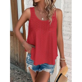 ATHMILE Womens Tank Tops Sleeveless Eyelet Embroidery Scoop Neck Loose Fit Casual Summer Flowy Beach Red