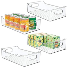 mDesign Wide Plastic Kitchen Storage Container Bins with Handles -Organization in Pantry, Cabinet, Refrigerator or Freezer Shelves - Food Organizer for Fruit, Yogurt, Squeeze Pouches - 4 Pack - Clear
