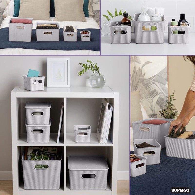 Superio Ribbed Collection - Decorative Plastic Basket Lidded Home Storage