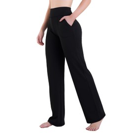Sunzel Women's High Waist Wide Leg Yoga Pants with Pockets Stretchy Loose Lounge Workout Casual Straight Leg Pants 32" Black Small