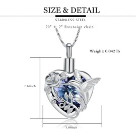 Yinplsmemory Hummingbird Cremation Jewelry Crystal Heart Urn Ashes Necklace for Women Men Memorial Keepsake Necklace of Loved One