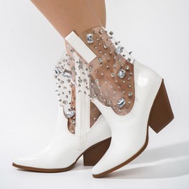 Cape Robbin Chriena Cowboy Boots Women, Rhinestone Cowgirl Boots for Women, Glittery Stylish Western Outfit for Women - White Size 6