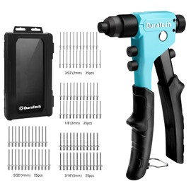 DURATECH 4-in-1 Rivet Gun, Pop Rivet Tool Kit with 100 Rivets - 3/32", 1/8", 5/32", 3/16", Heavy Duty Hand Riveter with 4 Interchangeable Nosepieces for Metal, Plastic, Leather