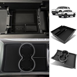 BestEvMod Upgraded V3 Armrest Storage Box and Cup Holder Lower Center Console Organizer Tray with PVC Trim Removable Coin Holder Compatible with Rivian R1T/R1S 2022-2024 (V3 Console+Lower Tray Black)