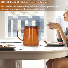 Glass Coffee Server, 500ml Clear Glass Range Coffee Server Heat Resistant Glass Coffee Pot Coffee Pot with Wooden Lid for Home Office (Brown)