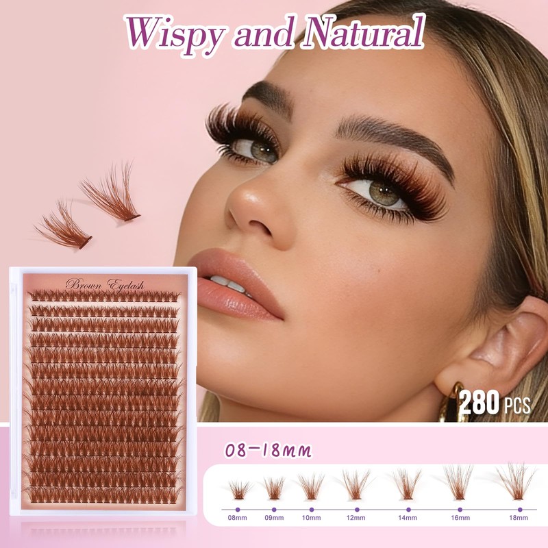 Brown Wispy Lash Clusters Natural Puffy Eyelash280 Pcs, 80D Curly