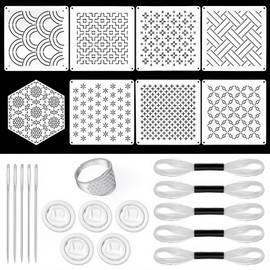 24 Pcs Sashiko Stencil Kit, 8Pcs 4.7 x 4.7 Inch Geometric Pattern Sashiko Stencil 1Pcs Thimble and 5Pcs Finger Cots 5Pcs Needles 5Thread for Hand Quilting Sewing and Mending Crafts