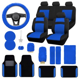 JINGSEN Car Seat Cover Full Set for Women with Waterproof Floor Mats,3D Air Mesh Car Seat Cover with 5mm Composite Sponge Inside,Universal Fluffy Steering Wheel Cover, Accessories Full(Blue)