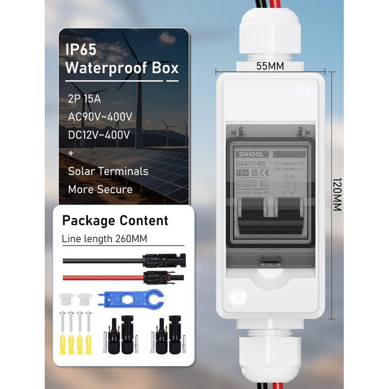 DIHOOL DC Circuit Breaker, Non Polarized, 15 Amp, 2 Pole,