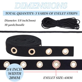 BENECREAT 3 Yards Cotton Grommet Eyelet Twill Tape Trim, Black Grommet Twill Tape, With 1 Strand of Round Polyester Braided Cord, For Sewing Garment Corsets Shirts Dresses Jackets