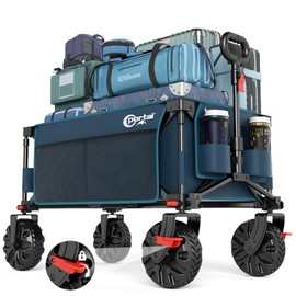 PORTAL Collapsible Wagon with Brakes, Heavy Duty Utility Cart with All-Terrain Wheels, Portable Folding Wagons for Camping, Beach, Garden, Shopping, and Groceries, Blue
