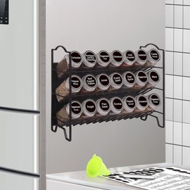 SWOMMOLY Magnetic Spice Rack for Refrigerator with 21 Spice Jars, 396 Spice Labels Set, 3 Tier Spice Rack Organizer for Cabinet, Countertop, Fridge, Pantry, Black