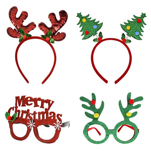 BOLZRA Christmas Headbands Party Fancy Glasses Frames with Reindeer Xmas Tree Glitter Designs for Holiday Costume Photo Booth Eyeglasses Hats, 4 Pack