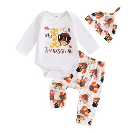 Baby Boy Girl My 1st Thanksgiving Outfit 0-3 6 12 18 Months Long Sleeve Romper Turkey Pants Hat Set Infant Clothes (A-White, 0-3 Months)