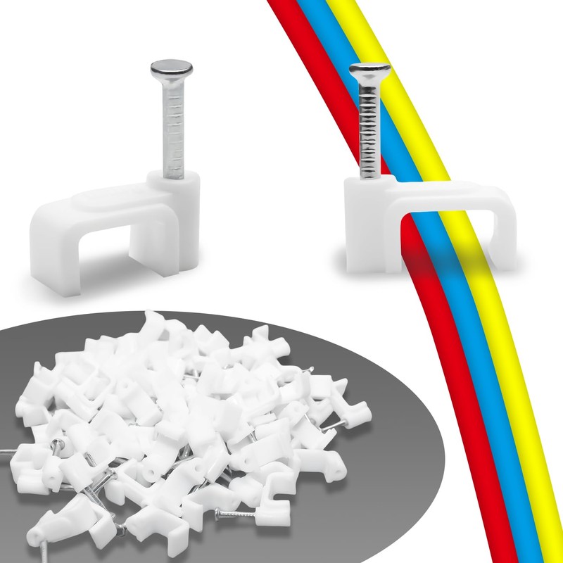 100 Pack Cable Clips, 8 mm White Flat Ethernet Wire