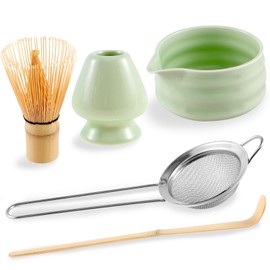 Matcha Whisk Set, Matcha Tea Whisk, Handcrafted Bamboo Matcha Whisk Set, Matcha Tea Bowl with Pouring Spout Matcha Bamboo Whisk Stainless Sifter Ceramic Whisk Holder Bamboo Scoop (Green)