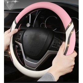 Leather car Steering Wheel Cover for The Women Four Seasons Universal Color car Steering Wheel Covers Protective Cover Non-Slip (Pink-White-Shape-O)
