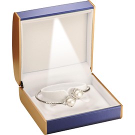 LED Bangle Bracelet Box Luxury PU Leather Dome Top with Gold Color Painting on the Sides Bracelet Bangle Anklet Jewellery Gift Storage Holder Box with Light for Women for Men (1, Blue)