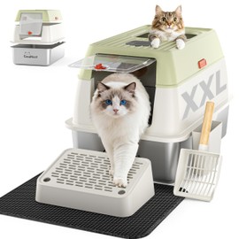 XXL Stainless Steel Cat Litter Box with Lid, 3-in-1 Enclosed Top Entry Metal Litter Box for Large & Multi Cats, Non-Stick & Leak-Proof, Odor Control, Easy-Clean