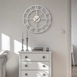 16" Modern Large Wall Clock, Silver Decorative Metal Clock Silent Non Ticking, Roman Numeral Analog Battery-Operated Round Clock for Living Room, Kitchen, Bedroom, Office, Home Decor