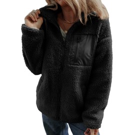 Dokotoo Women's 2024 Relaxed Fit Stylish Autumn Winter Coats Lapel Collar Open Front Full Zipper Up Fleece Sherpa Jackets Solid Color Daily Cute Comfy Long Sleeve Teddy Coats with Pockets Black Medium
