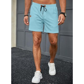 JMIERR Mens 5 Inch Shorts Summer Casual Waffle Stretch Waist Drawstring Shorts Lightweight Basketball Running SweatShorts, L, Mist Blue