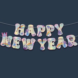 KatchOn, Iridescent Happy New Year Banner - 10 Feet, Pre-Strung | Party Music Banner for Happy New Years Decorations 2026 | New Year Sign for NYE Decorations | New Years Eve Party Supplies 2026