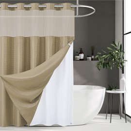 Extra Long Waterproof Bath Curtain 71x96 Fabric,Cloth Shower Liner with 12 Snap Buttons, Magnetic Hem with Fog Blue Waffle Weave Texture,No Hook Hotel Grade Machine Washable Curtain,Top Sheer Window.