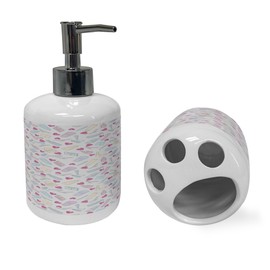 Ambesonne Pastel Soap Dispenser & Toothbrush Holder Set, Various Cosmetics and Beauty Product Sketches with Pink Hearts Pattern, Ceramic Bathroom Toiletry Accessories, 2 Pcs, Pale Grey and Multicolor