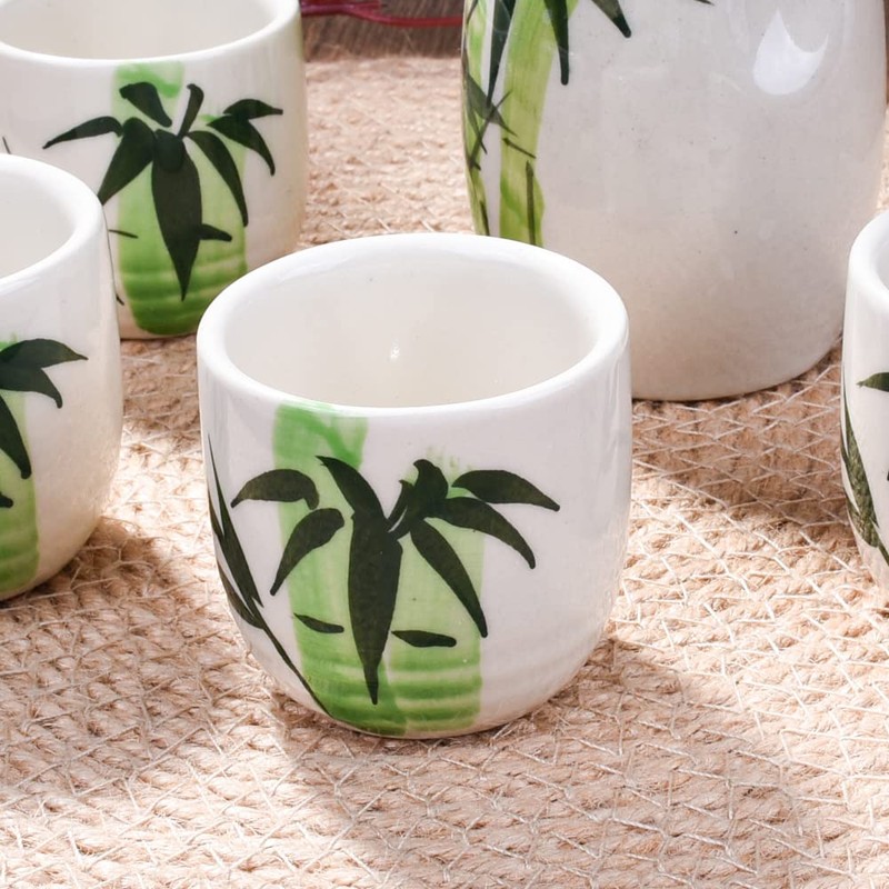 Japanese Ceramic Sake Set of 5,Bamboo Pattern Sake Pot and